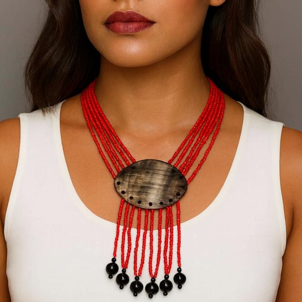 VINTAGE RED MULTI STRAND SEED BEADS NECKLACE WITH GRAY PENDANT TRIBAL BOHO *VGC*